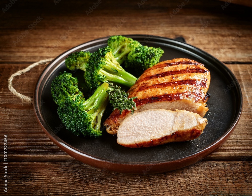 Grilled turkey and broccoli meal on a rustic wooden surface Grilled turkey and broccoli meal on a rustic wooden surface