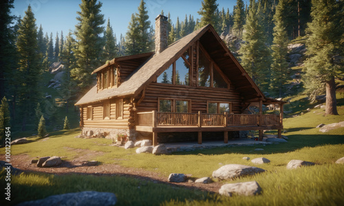 A cozy log cabin nestled in the woods on a sunny day