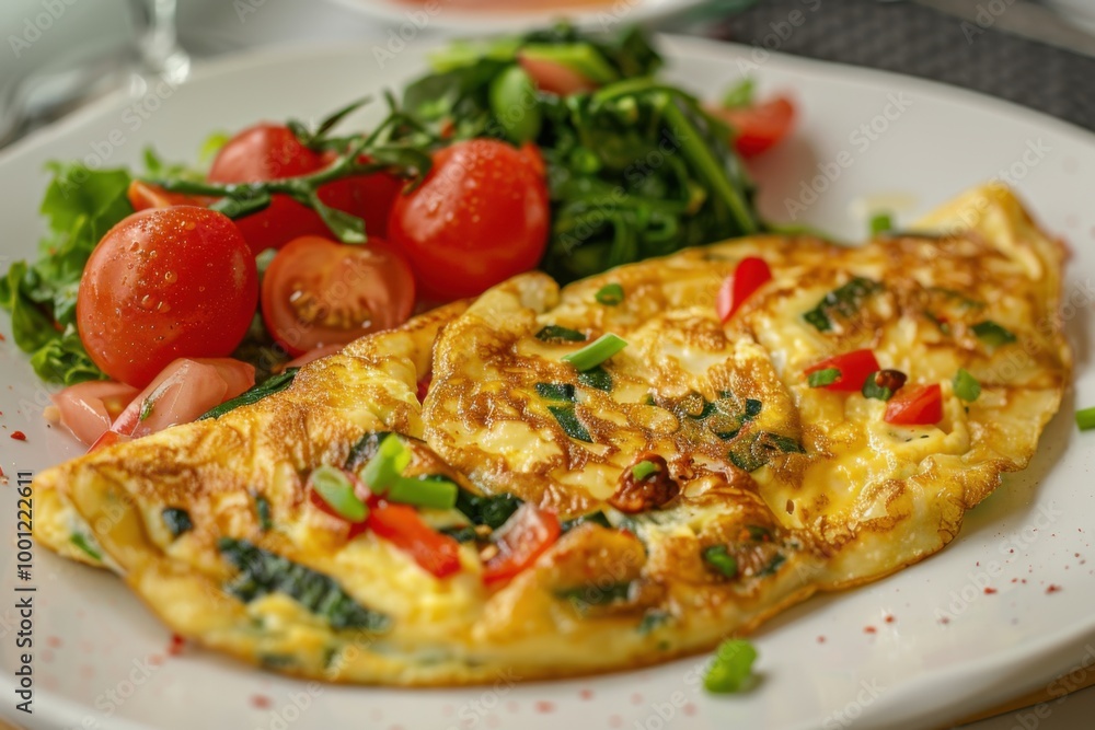 Savory gourmet omelette with fresh cherry tomatoes and herbs for a vibrant brunch Savory gourmet omelette with fresh cherry tomatoes and herbs for a vibrant brunch