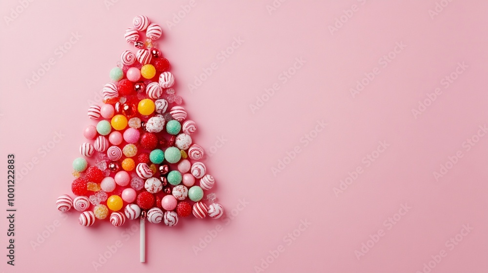 Festive candy Christmas tree made of colorful round sweets and lollipops on pink background. Creative holiday confectionery concept for seasonal greetings. Festive candy Christmas tree made of colorful round sweets and lollipops on pink background. Creative holiday confectionery concept for seasonal greetings.