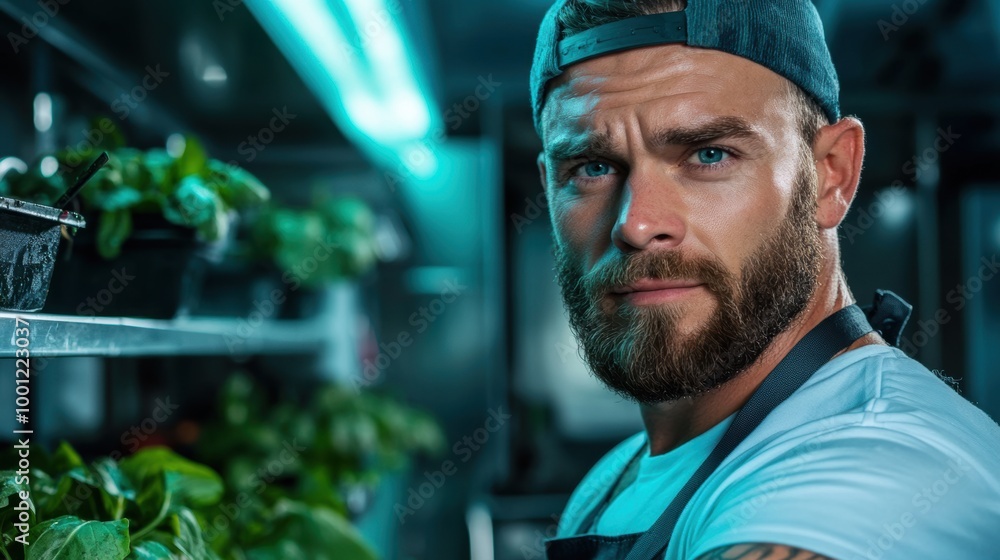 Confident Chef in Modern Kitchen with Fresh Ingredients Confident Chef in Modern Kitchen with Fresh Ingredients