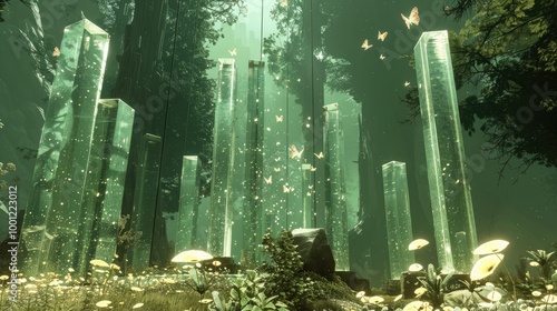 A hidden magical crystal in an ancient city deep within a lush fantasy forest, a backdrop of a magical world.