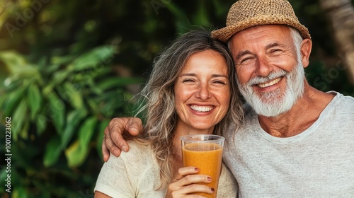 Elderly couple enjoying a nutritious smoothie in a sunny garden, smiles and relaxation, healthy aging, nutrition education