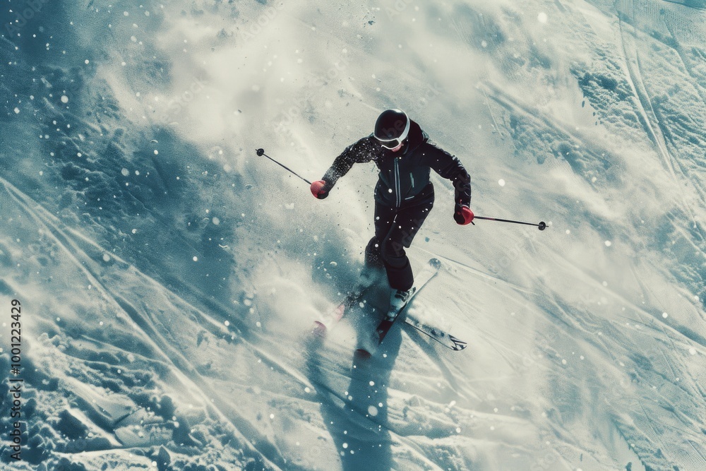 A skier skillfully navigates through deep snow, surrounded by snowflakes in motion, embodying the essence of winter athleticism and thrill. A skier skillfully navigates through deep snow, surrounded by snowflakes in motion, embodying the essence of winter athleticism and thrill.