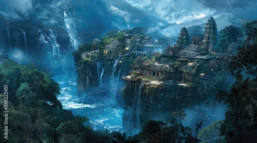 An ancient city nestled within a magical forest, a backdrop of a vibrant fantasy world.