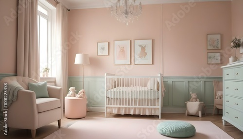 A cozy and elegant nursery with a white crib, a large beige armchair, and framed artwork on the walls.