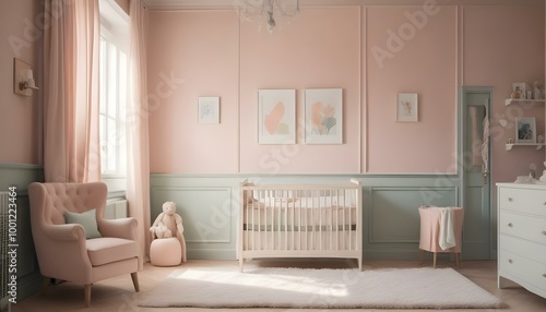 A cozy and elegant nursery with a white crib, a large beige armchair, and framed artwork on the walls.