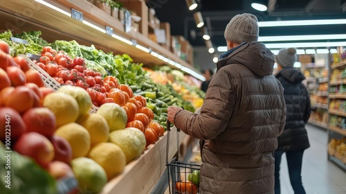 Elderly couple shopping for organic produce, bright and clean grocery store, organic nutrition, healthy aging
