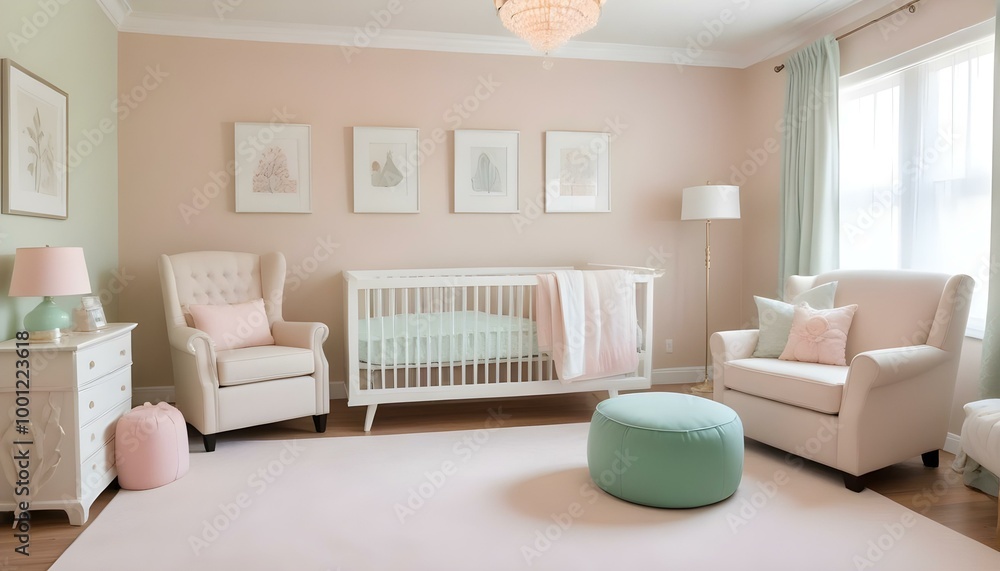 A cozy and elegant nursery with a white crib, a large beige armchair, and framed artwork on the walls. A cozy and elegant nursery with a white crib, a large beige armchair, and framed artwork on the walls.