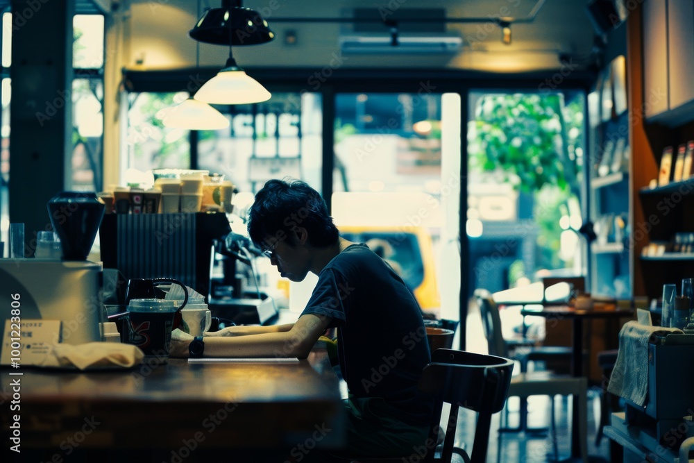 A solitary figure intently works at a cozy café, bathed in the warm, dappled light filtering through large windows, creating a serene ambiance. A solitary figure intently works at a cozy café, bathed in the warm, dappled light filtering through large windows, creating a serene ambiance.