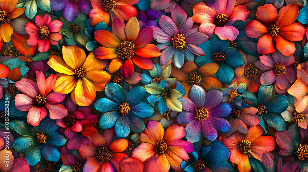 A close up of many colorful flowers. A close up of many colorful flowers.