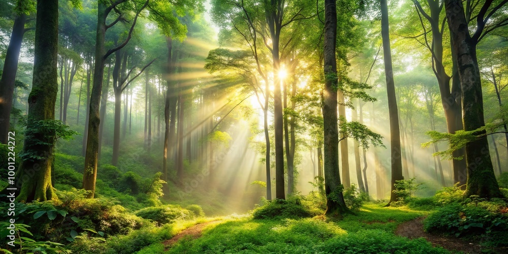 Obraz premium Serene and mystical forest landscape featuring towering trees, lush green foliage, and warm sunlight filtering through