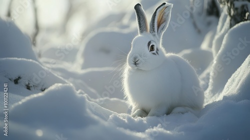 Snow Hare Sitting in Winter Wonderland