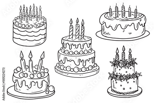 Hand drawn vector illustration in doodle engraved line art vintage style. Set of beautiful holiday birthday cakes with candles, decorated with glaze, bubbles, rose flowers. Menu for bakery.