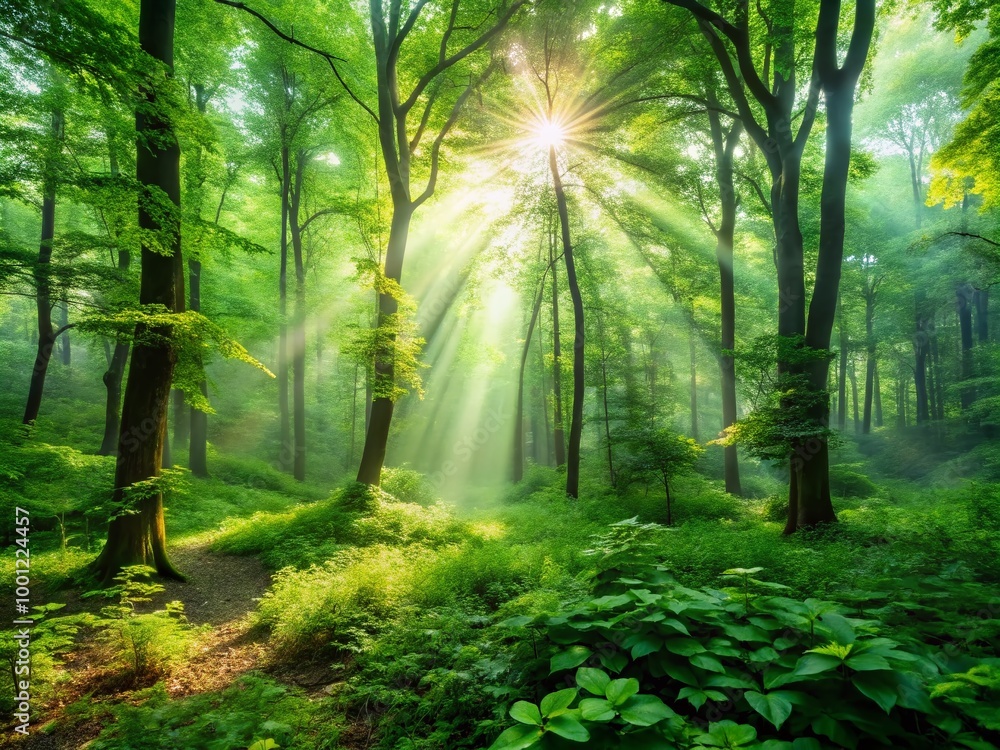 Serene and vibrant green forest background with dense foliage, misty atmosphere, and dappled sunlight filtering through Serene and vibrant green forest background with dense foliage, misty atmosphere, and dappled sunlight filtering through