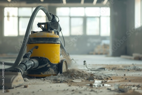 A yellow industrial vacuum cleaner operating on a dusty construction site with sunlight streaming through the windows.