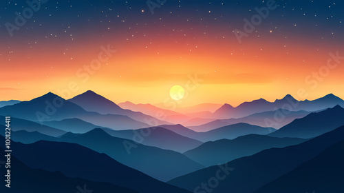 Mountain sunrise under the starry sky