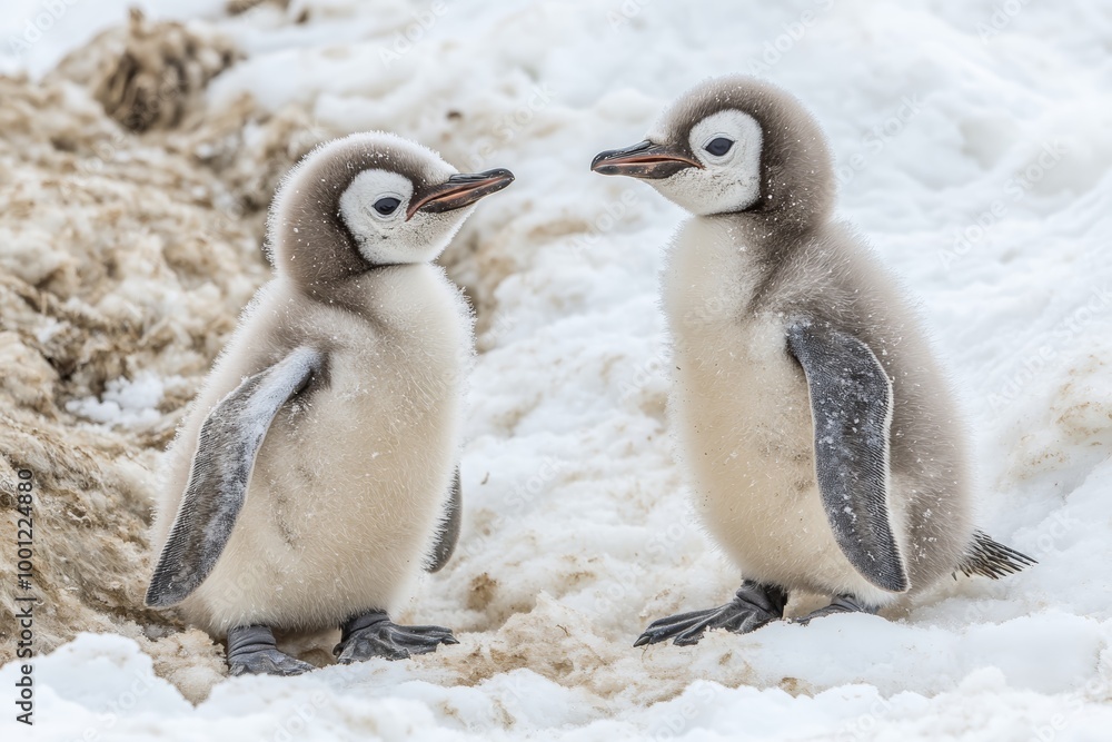 Obraz premium Two fluffy penguin chicks engage in playful interaction on soft snow in Antarctica, showcasing their natural curiosity and innocence