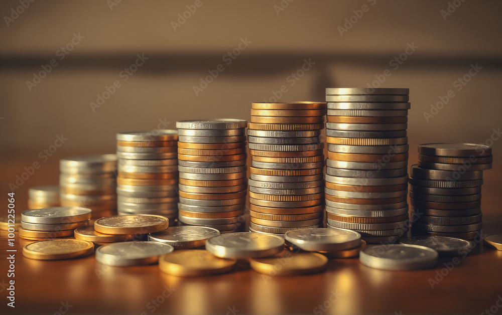 Stack of metal coins on wooden tabletop in minimalist style. Stack of metal coins on wooden tabletop in minimalist style.