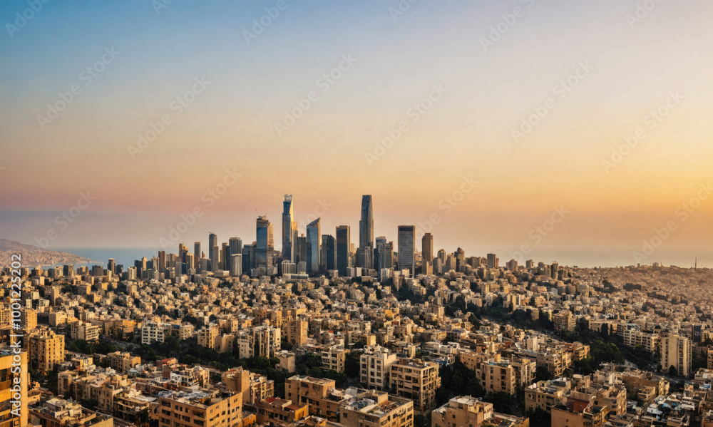 Naklejka premium A panoramic view of Beirut, Lebanon, at sunset, showcasing the city's skyline with its iconic skyscrapers