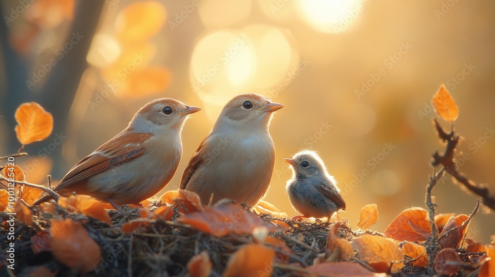 Three birds are perched on a branch with leaves on the ground Three birds are perched on a branch with leaves on the ground