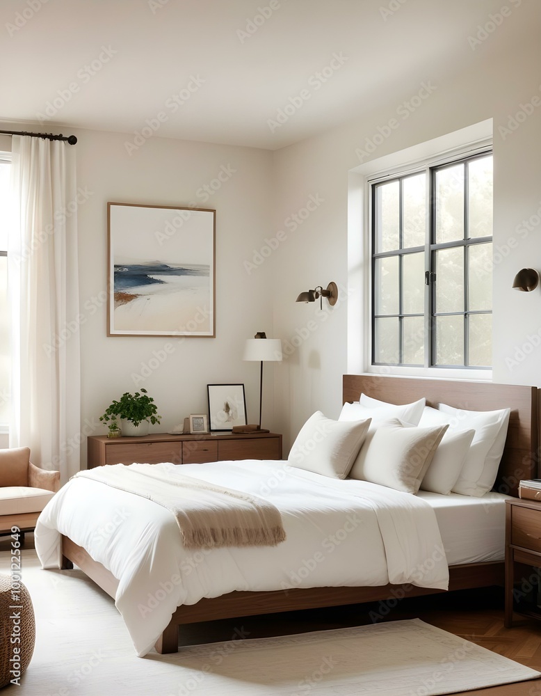 A cozy bedroom with a large window, a framed artwork on the wall, and a bed with white bedding. A cozy bedroom with a large window, a framed artwork on the wall, and a bed with white bedding.