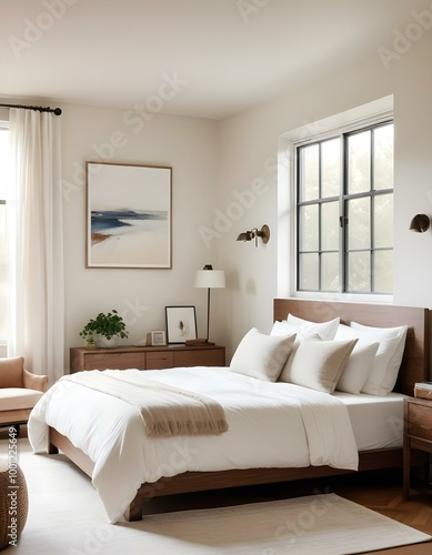 A cozy bedroom with a large window, a framed artwork on the wall, and a bed with white bedding.