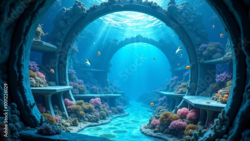 Generative AI, a underwater scene with a large aquarium and corals and fish in it's water tank, with a fish swimming in the water, 3 d render, a matte painting, fantasy art
