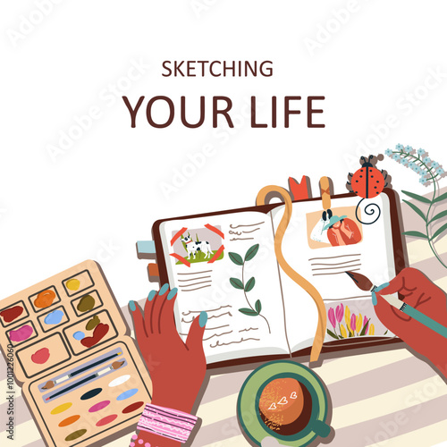 Creative sketching hobby, card design. Art tools, sketchbook, phrase, quote about drawing. Square shape post background, cover template with artistic supplies. Flat vector illustration