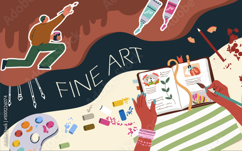 Collage art workshop, fine art,  vector flat illustration, background. Hand drawn design, template, layout.