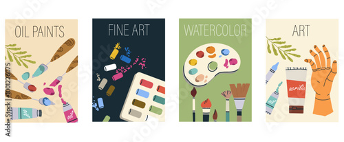 Painter courseflat poster set with oil paint, fine art, watercolor, hand dummy, paints tubes, pastel, painting knife, art symbols isolated vector illustration