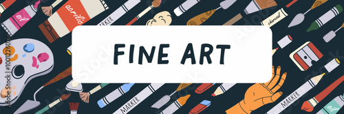 Art supplies shop banner, fine art design. Craft store ad background with painting accessories, tools. Creative market promotion, advertisement template with artists stationery. Flat vector