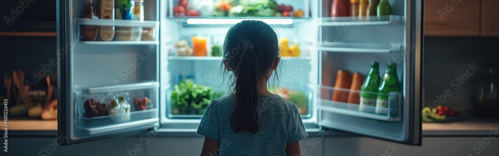 Little Girl Looking Into Empty Fridge at Home, Searching for Food Little Girl Looking Into Empty Fridge at Home, Searching for Food