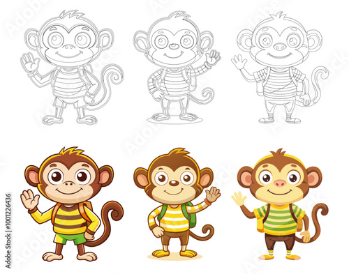 Illustration of the different positions of a monkey on a white background
