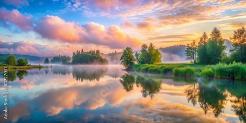 Serene misty morning landscape featuring a tranquil lake, lush greenery, and soft, pastel-colored clouds, evoking