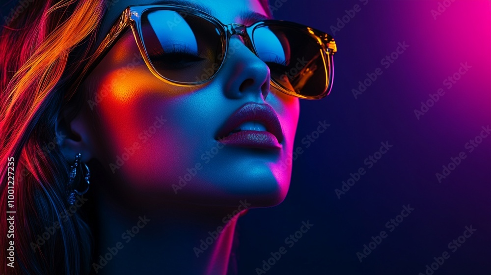 Neon-lit portrait showcasing a woman in sunglasses, her face bathed in vibrant blue and red lights, creating a striking contrast against a dark background. Neon-lit portrait showcasing a woman in sunglasses, her face bathed in vibrant blue and red lights, creating a striking contrast against a dark background.