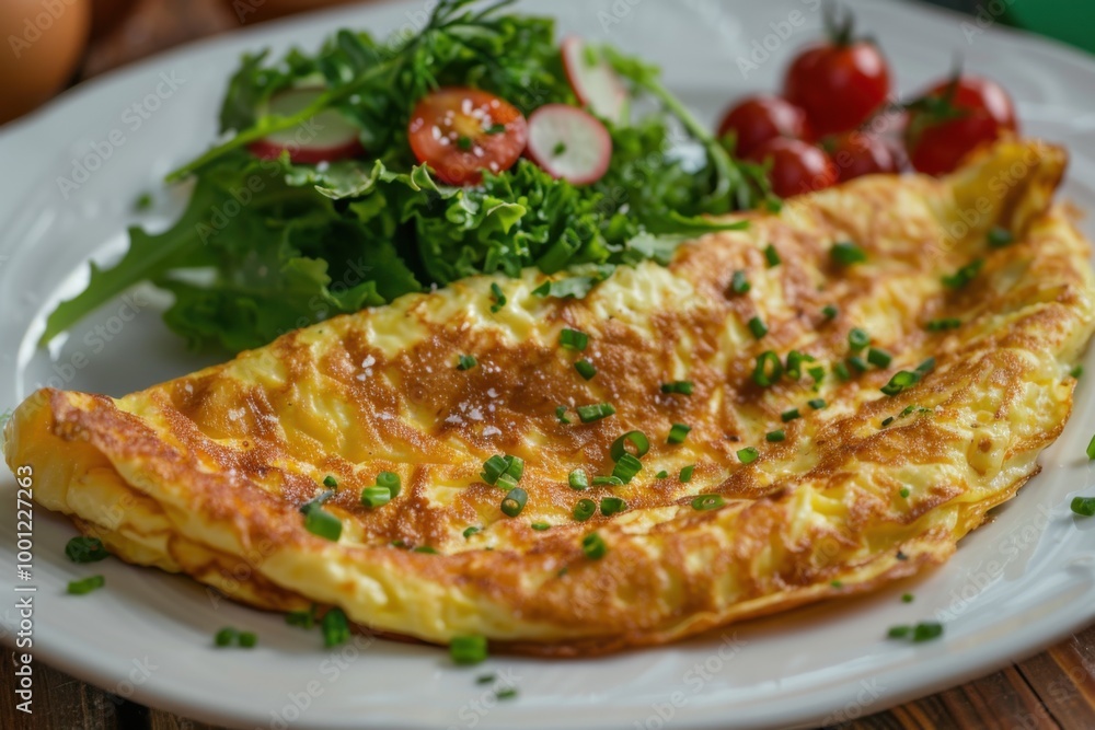 Fluffy omelette served with fresh greens and cherry tomatoes for a healthy breakfast Fluffy omelette served with fresh greens and cherry tomatoes for a healthy breakfast