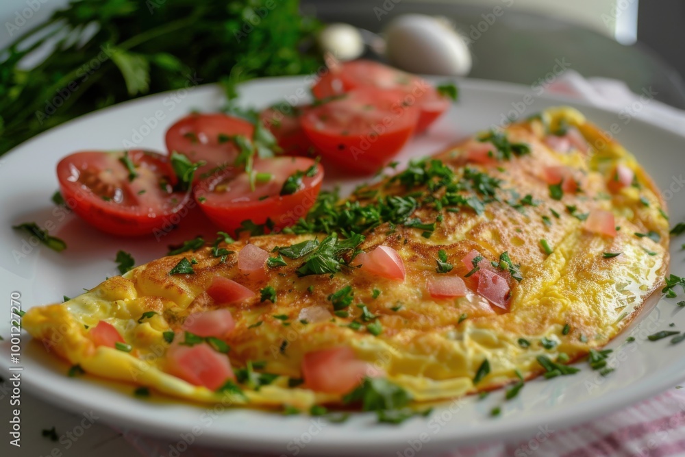 Gourmet omelette with fresh greens and cherry tomatoes on a stylish breakfast plate Gourmet omelette with fresh greens and cherry tomatoes on a stylish breakfast plate