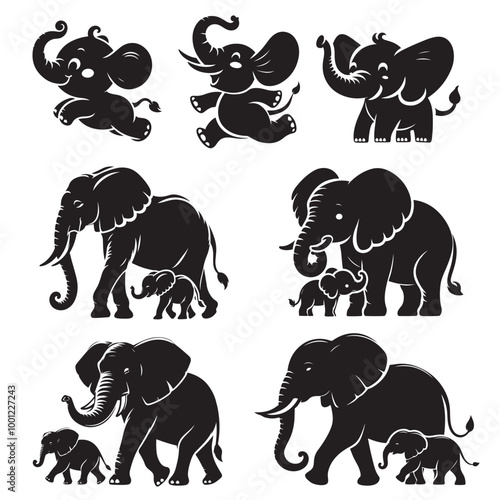 set of mother elephant with calf silhouettes cartoon vector