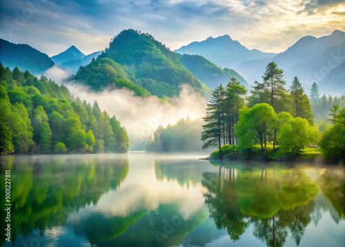 Serene natural landscape with misty mountains, calm lake, and lush green trees in soft focus, ideal for creating