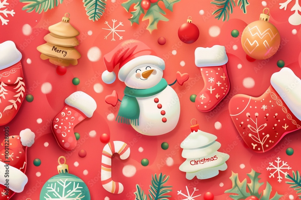 On a red background, a snowman in a hat and scarf. Around him are Christmas tree decorations, snowflakes and gift boxes