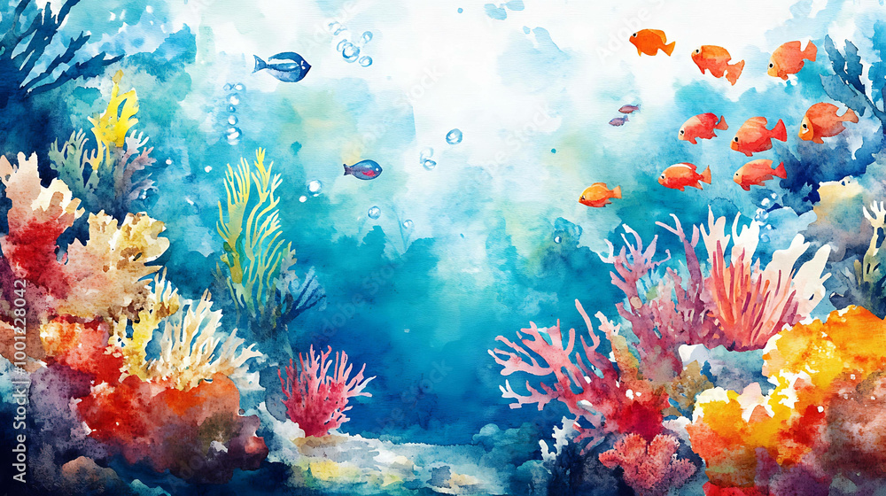 Naklejka premium Watercolor painting of an underwater scene with colorful coral and fish.