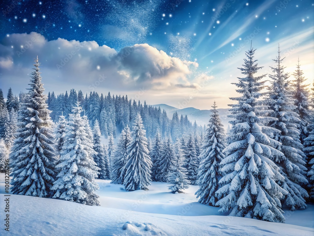 Naklejka premium Serenene winter landscape featuring softly falling snowflakes, dense evergreen trees, and a gentle slope covered in a