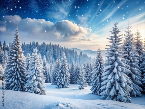 Serenene winter landscape featuring softly falling snowflakes, dense evergreen trees, and a gentle slope covered in a