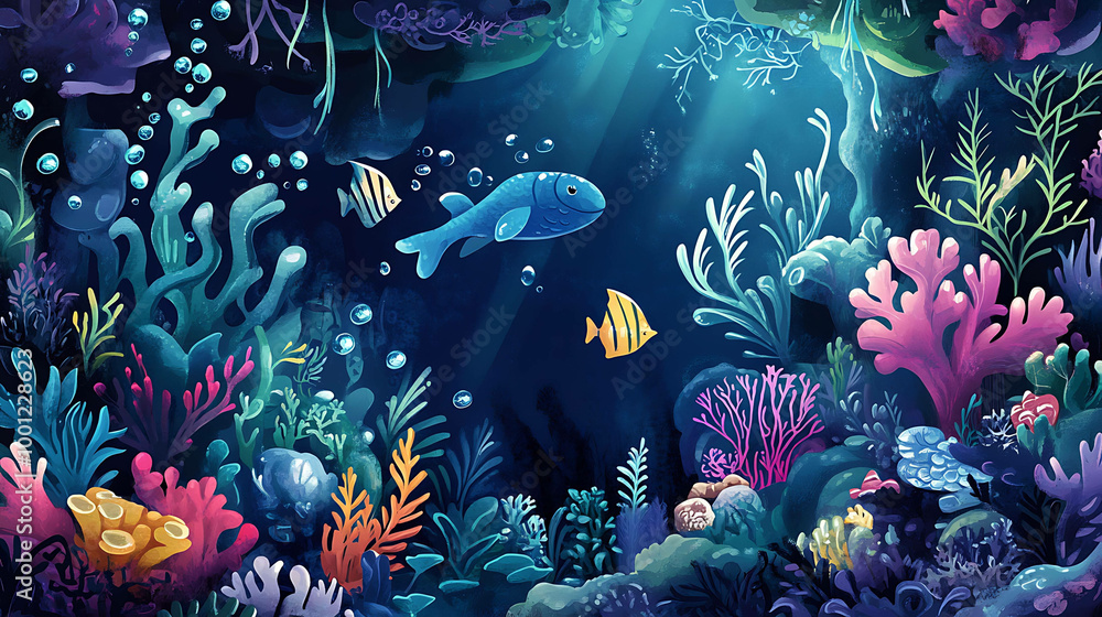Fototapeta premium A colorful and vibrant underwater scene with fish swimming amongst coral reefs.