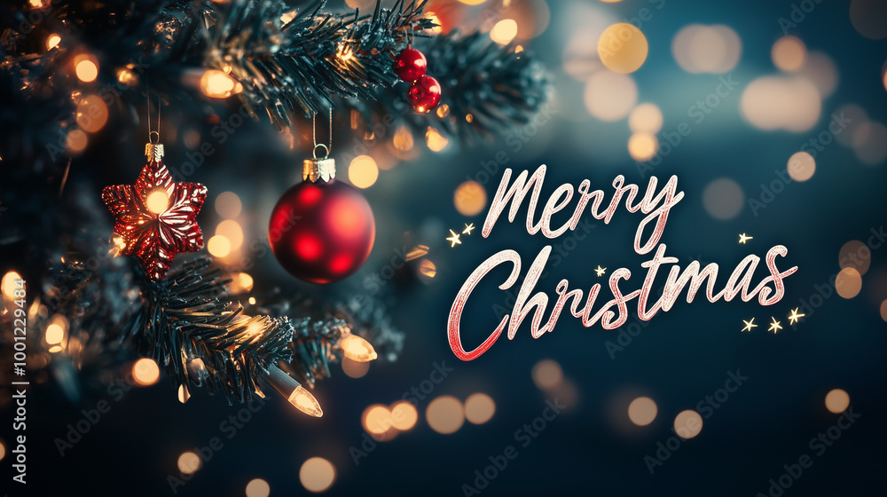 Christmas tree with ornaments and Merry Christmas text Christmas tree with ornaments and Merry Christmas text