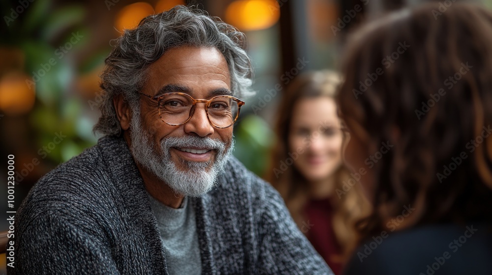 Smiling man engaging in conversation with two women in a caf?. Smiling man engaging in conversation with two women in a caf?.