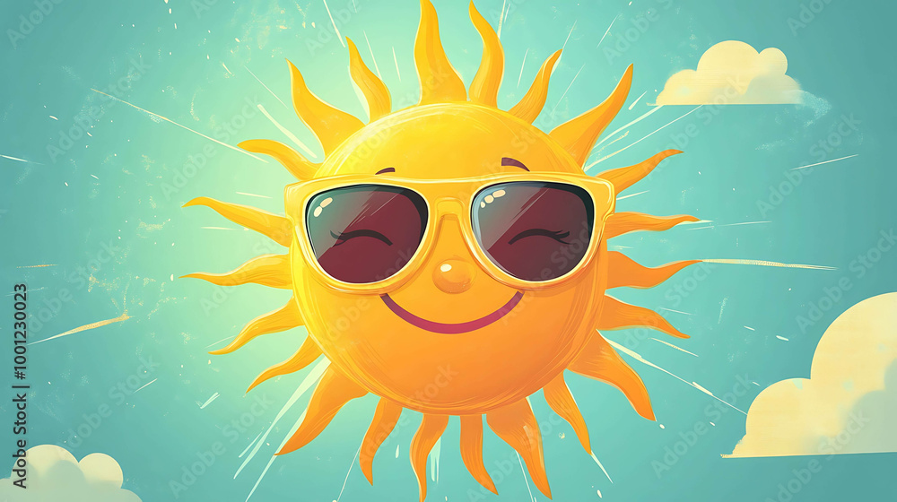 A cartoon sun wearing sunglasses smiles against a blue sky. A cartoon sun wearing sunglasses smiles against a blue sky.