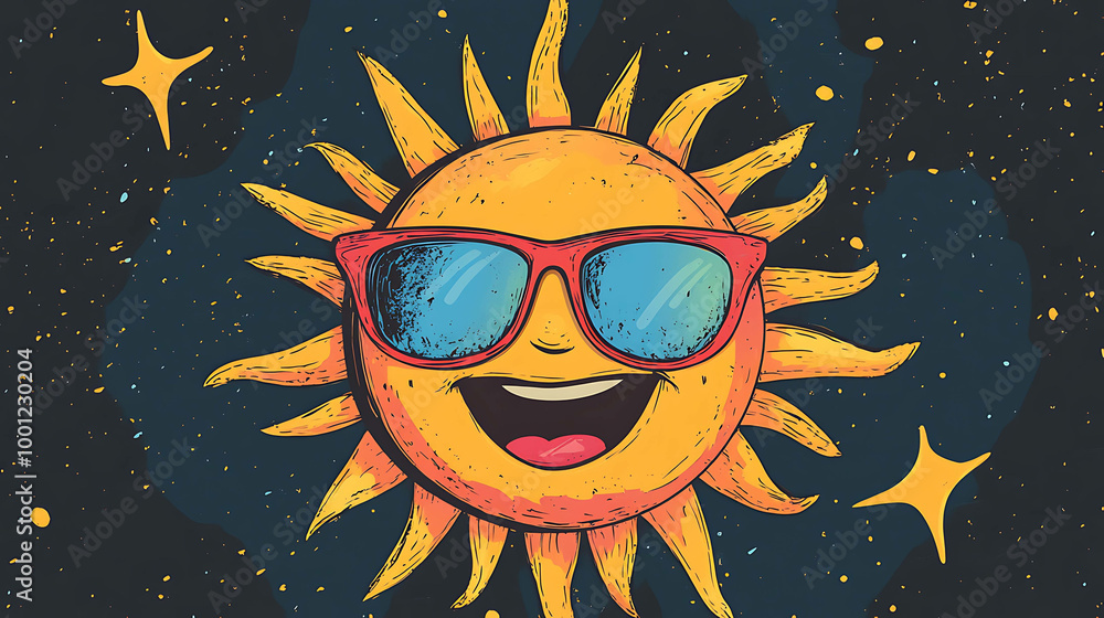 Smiling sun with sunglasses in a retro cartoon style against a starry sky. Smiling sun with sunglasses in a retro cartoon style against a starry sky.