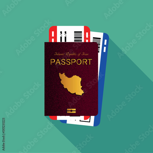 Vector passport with tickets. Air travel concept. Flat Design citizenship ID for traveler isolated. Blue international document - Iran